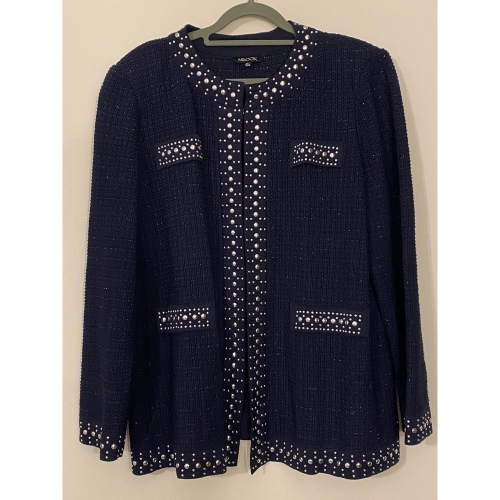 Vintage Misook Studded Knit Cardigan Jacket Navy Blue Silver Studs XL